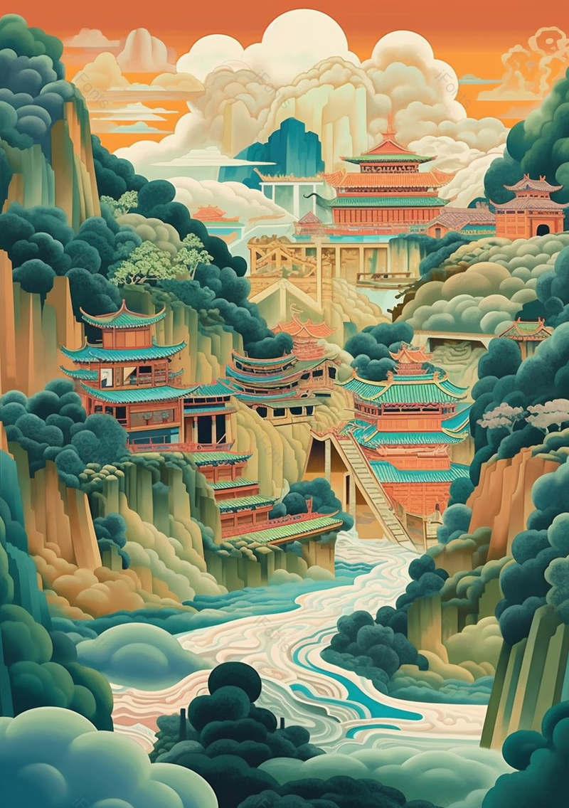 绿色植物山川河流建筑国潮画,插画/手绘图,插画/手绘图库,插画/手绘图下载,插画/手绘